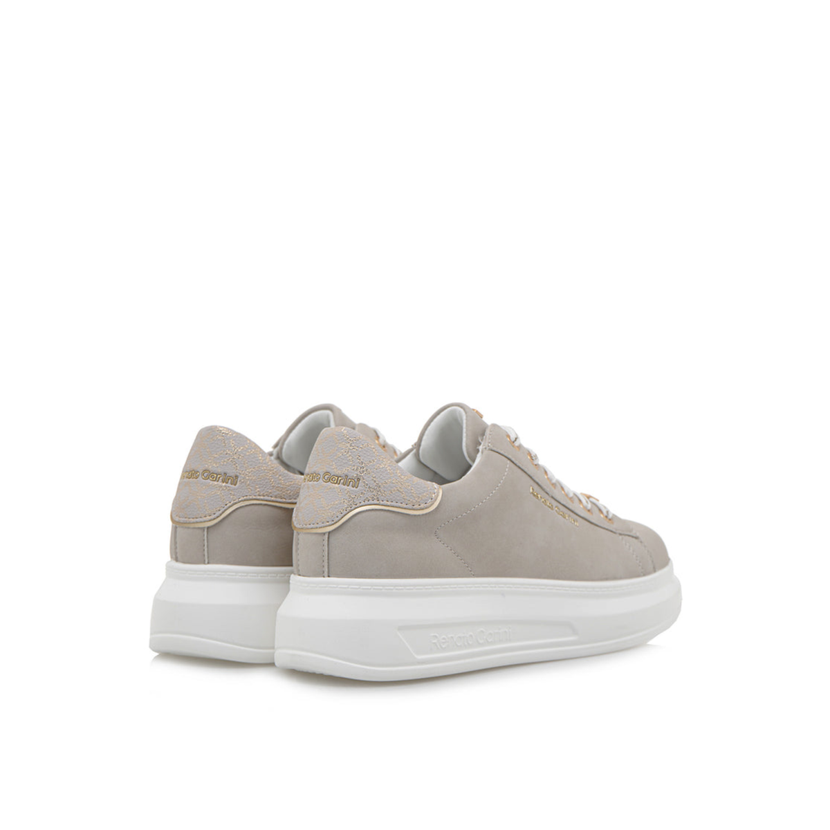 Rear angled view of Renato Garini EX166 beige platform sneakers showing heel panels and layered white soles