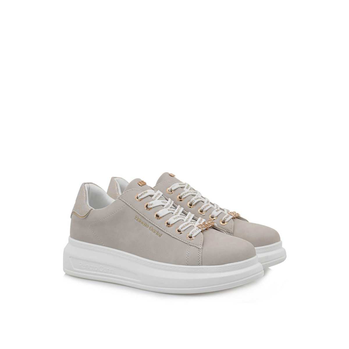 Pair of Renato Garini EX166 beige platform sneakers at a three-quarter angle, showing tonal laces and rounded toes