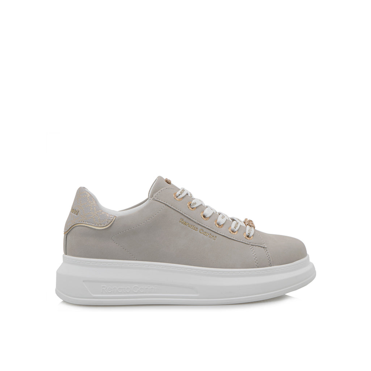 Renato Garini EX166 beige lace-up platform sneaker with tonal panels and thick white sole, side profile