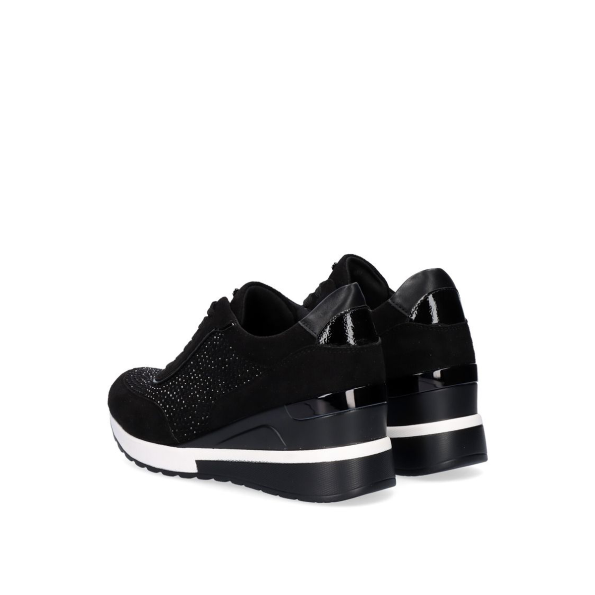 Renato Garini EX25 black embellished wedge sneakers, rear three-quarter view of the pair showing sculpted heels and white sole accents.