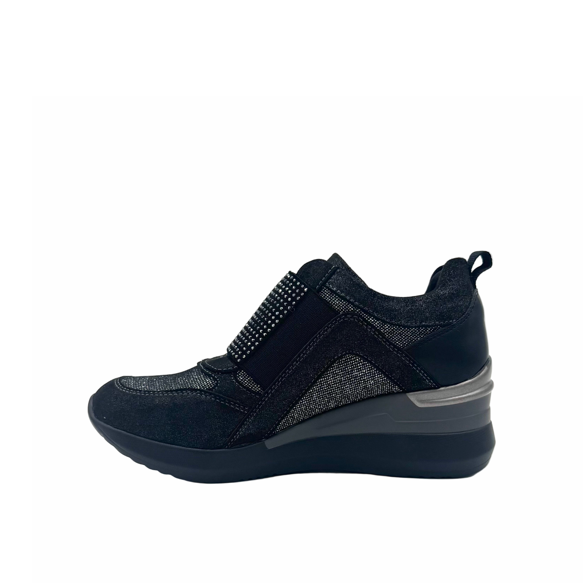 Renato Garini EX32 Pewter embellished platform sneaker, inside profile with stretch panel and sculpted wedge sole.