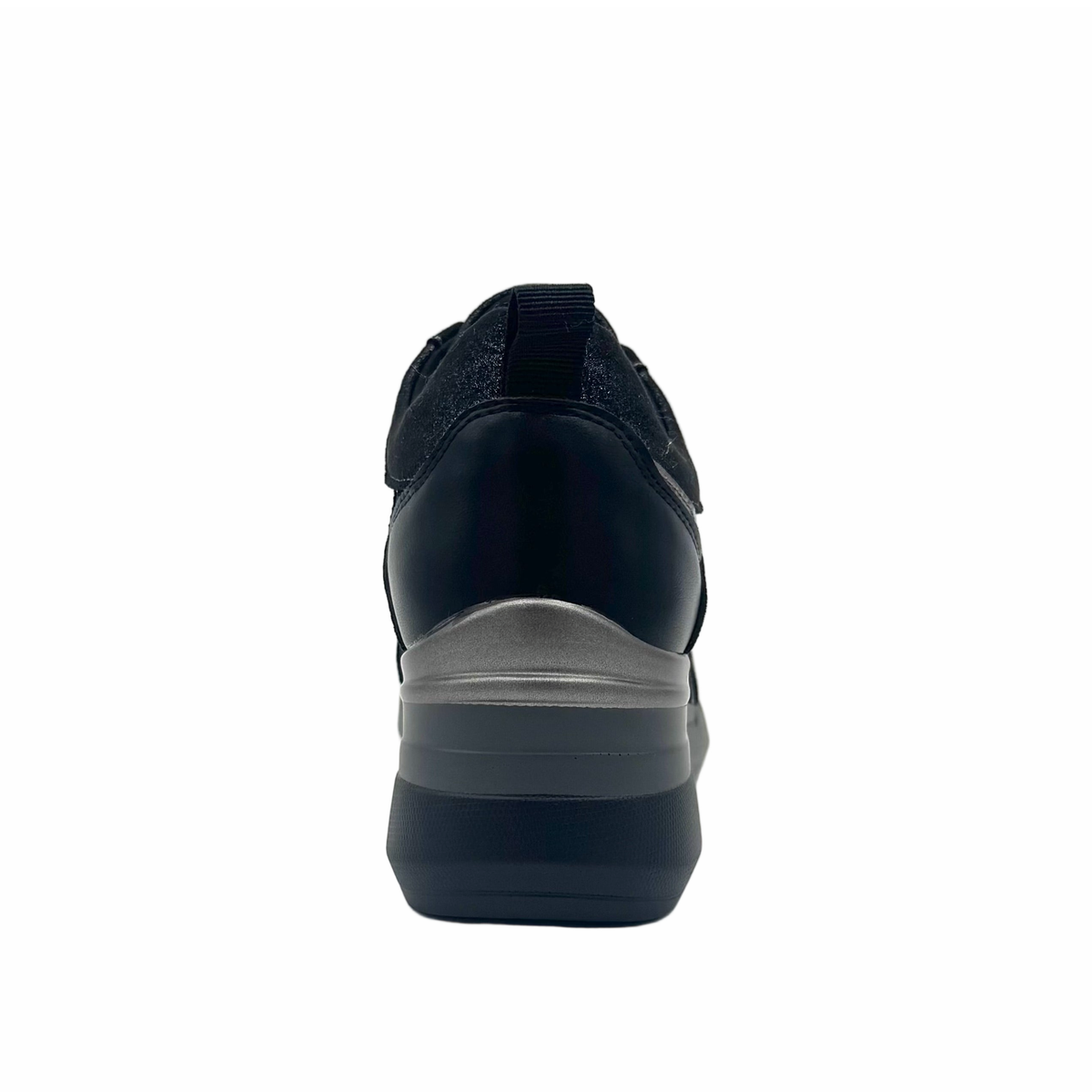 Renato Garini EX32 Pewter platform sneaker, rear view with pull tab, metallic heel accent and raised wedge sole.