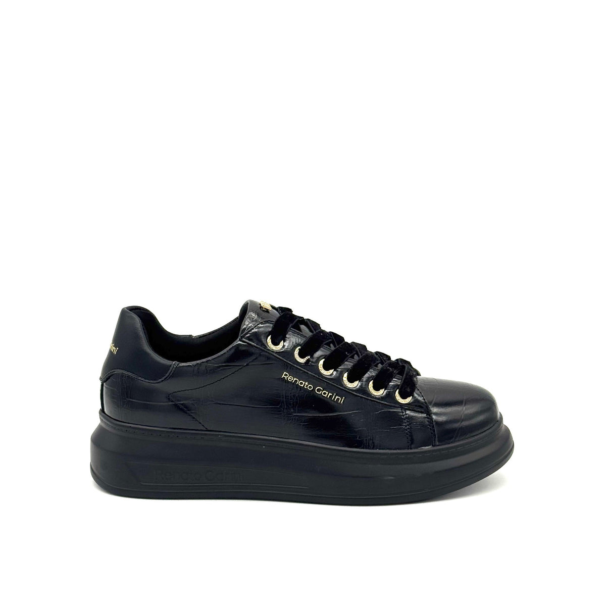 Renato Garini EX58 croc-embossed platform sneaker in black with velvet laces and chunky black platform sole