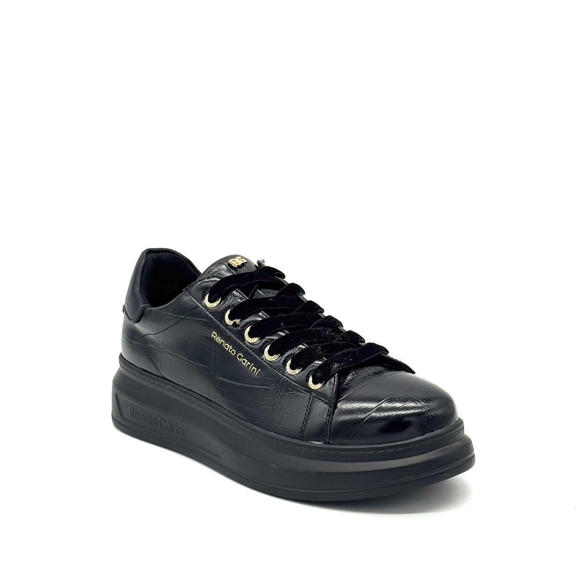 Renato Garini EX58 croc-embossed platform sneaker in black with velvet laces and chunky black platform sole
