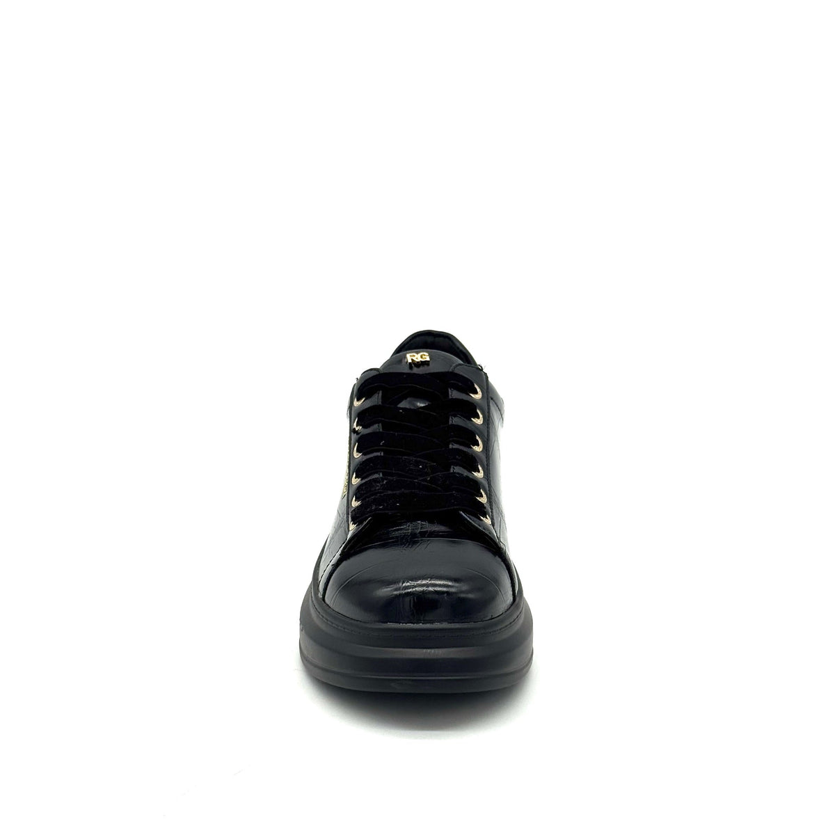 Renato Garini EX58 croc-embossed platform sneaker in black with velvet laces and chunky black platform sole