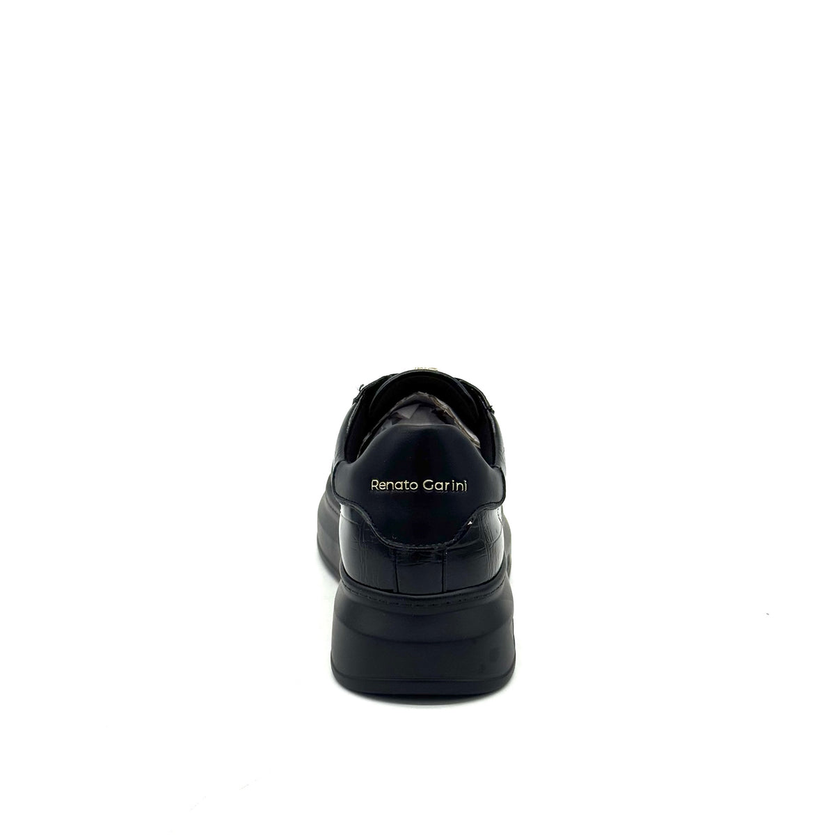 Renato Garini EX58 croc-embossed platform sneaker in black with velvet laces and chunky black platform sole