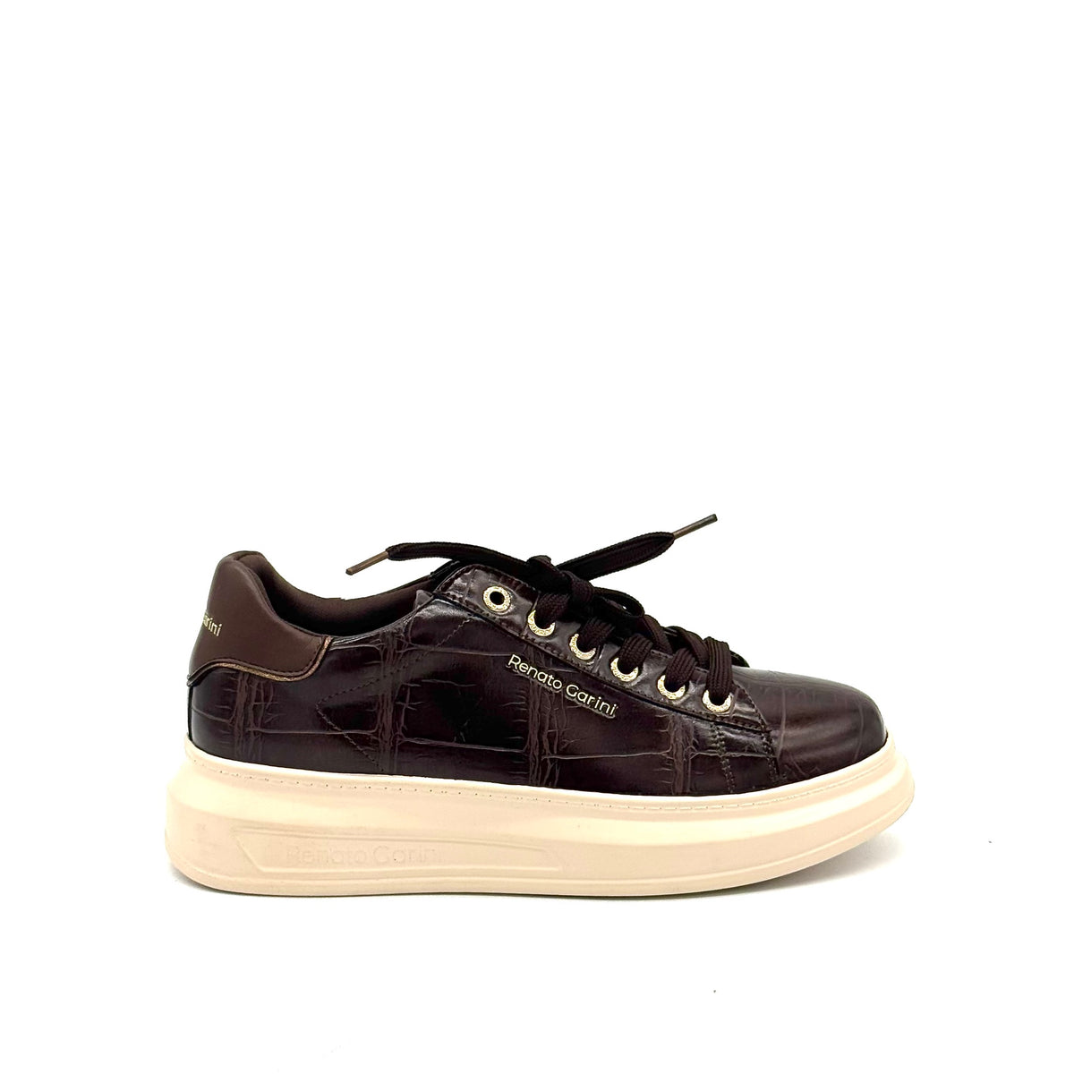 Renato Garini EX58 croc-embossed platform sneaker in brown with lace-up closure and contrast cream platform sole