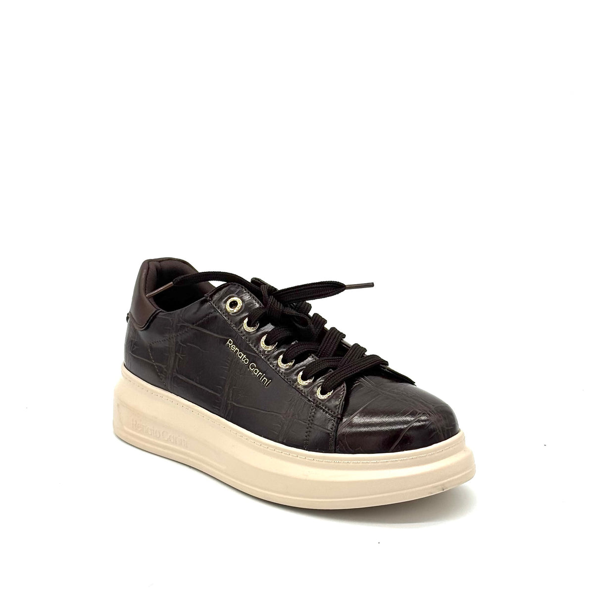 Renato Garini EX58 croc-embossed platform sneaker in brown with lace-up closure and contrast cream platform sole
