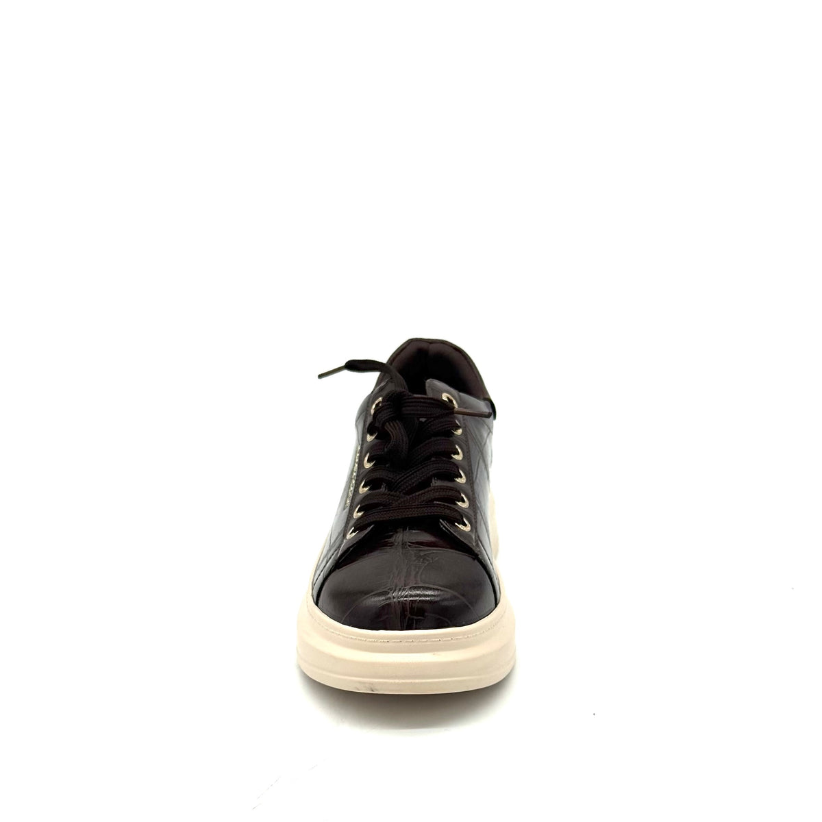 Renato Garini EX58 croc-embossed platform sneaker in brown with lace-up closure and contrast cream platform sole