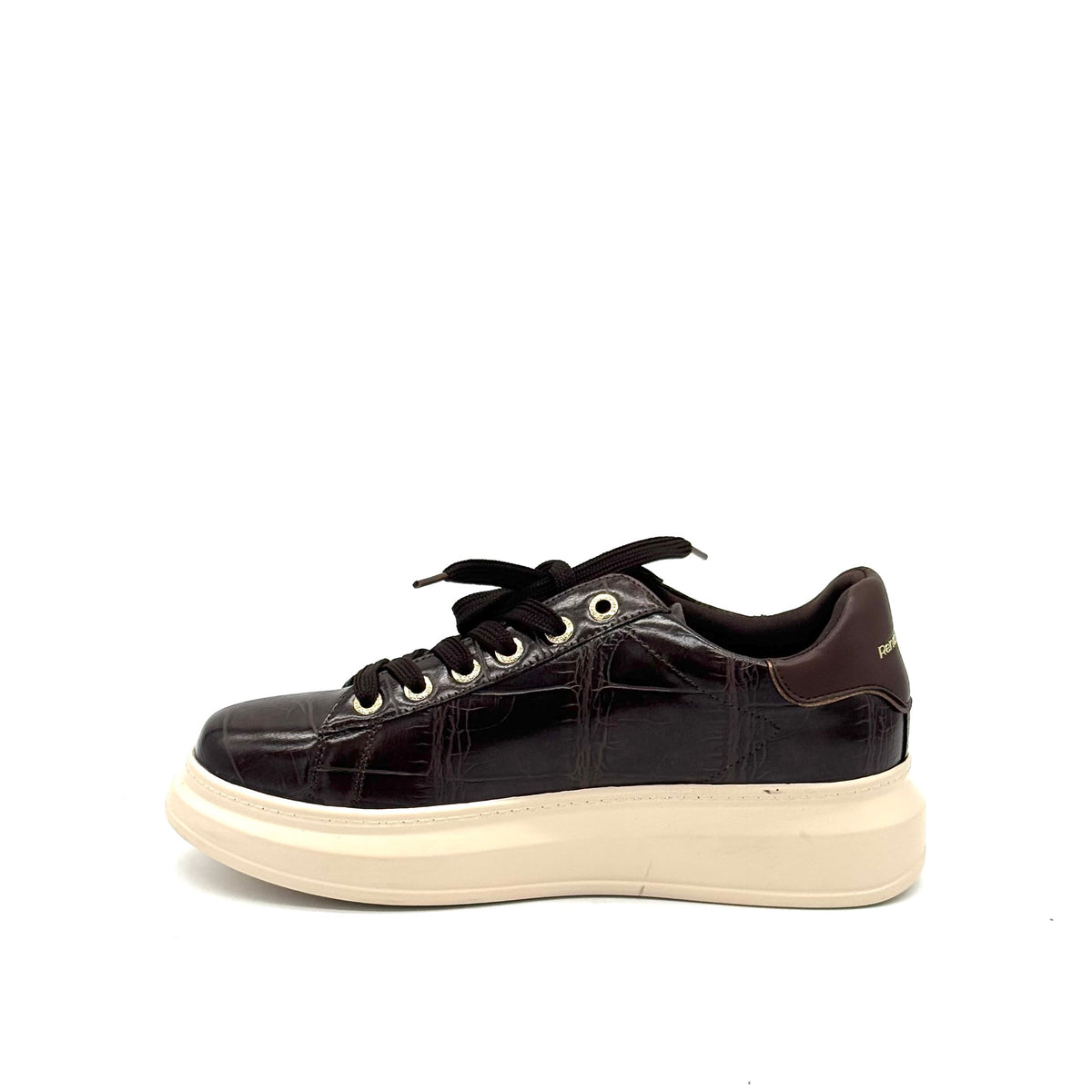 Renato Garini EX58 croc-embossed platform sneaker in brown with lace-up closure and contrast cream platform sole