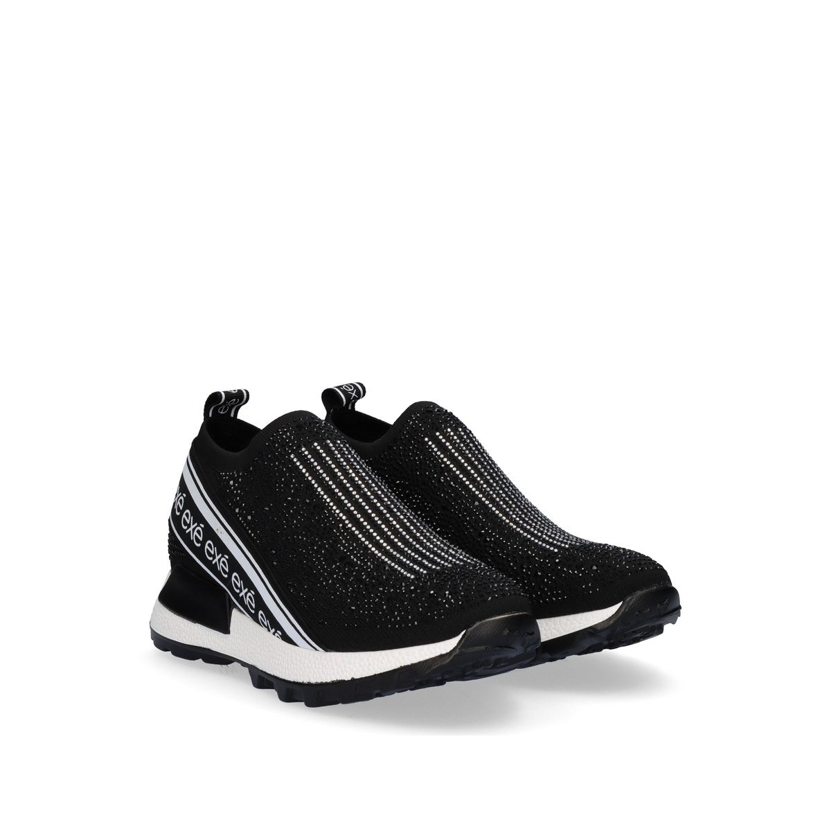 Pair of Renato Garini EX9210A Black Silver slip-on sneakers at a three-quarter angle, showing sparkling uppers and rounded toes