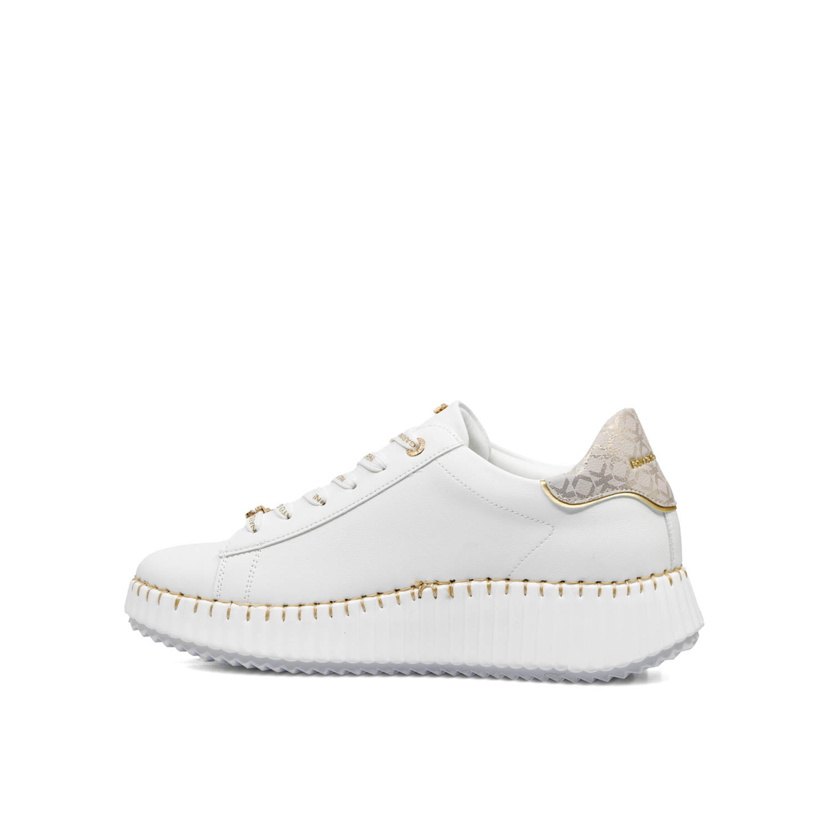 Inside profile of Renato Garini EX96 white platform sneaker showing smooth panels, patterned heel and ribbed white sole