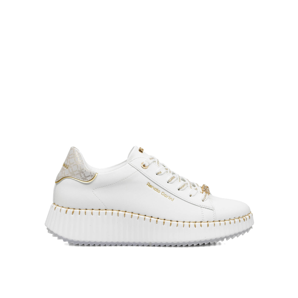 Renato Garini EX96 white platform sneaker with gold-tone whipstitch trim, patterned heel panel and ribbed sole, side profile