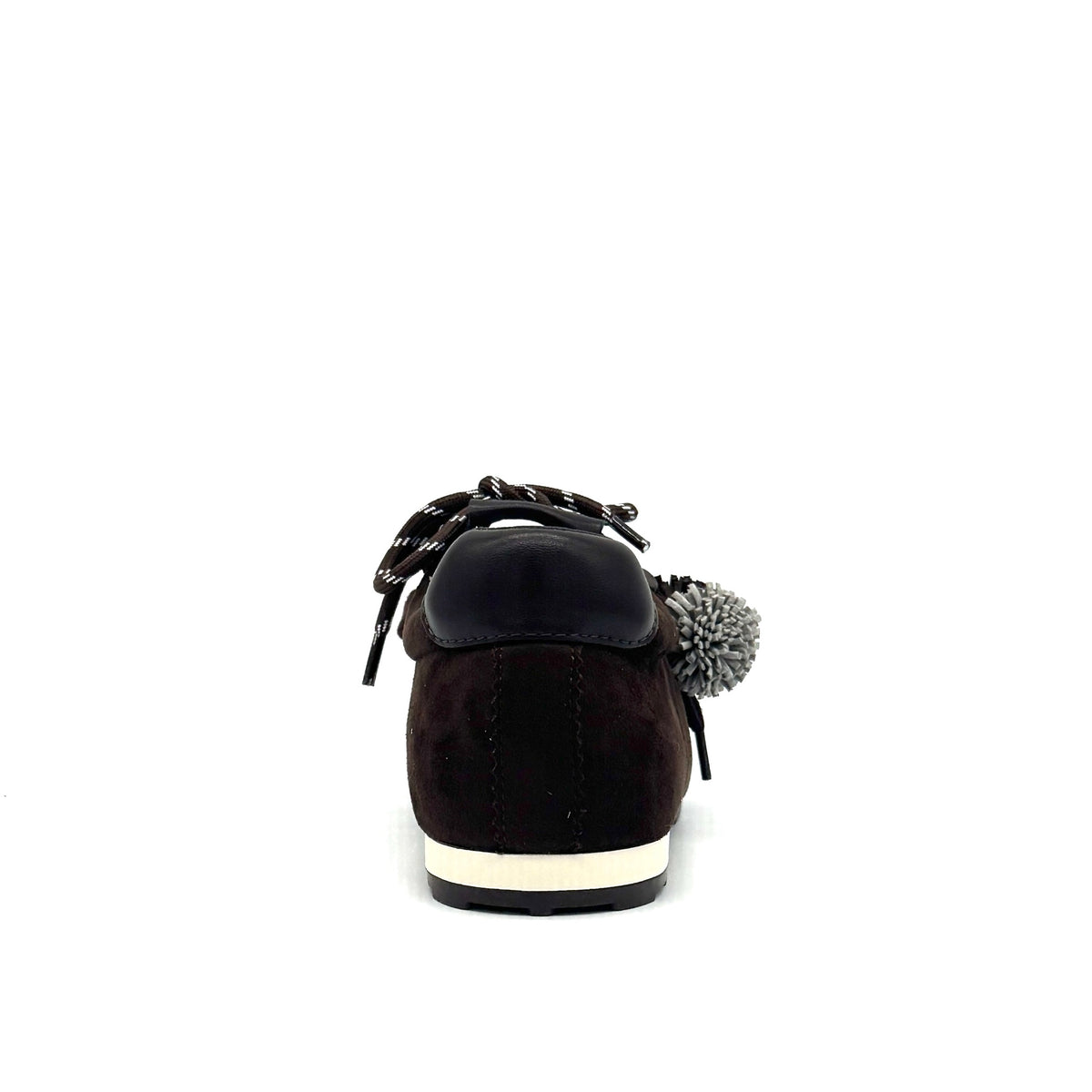 Brown: Renato Garini Roma-601 pom-pom lace fashion sneaker in dark brown suede with pom-pom and bead lace detail, side view