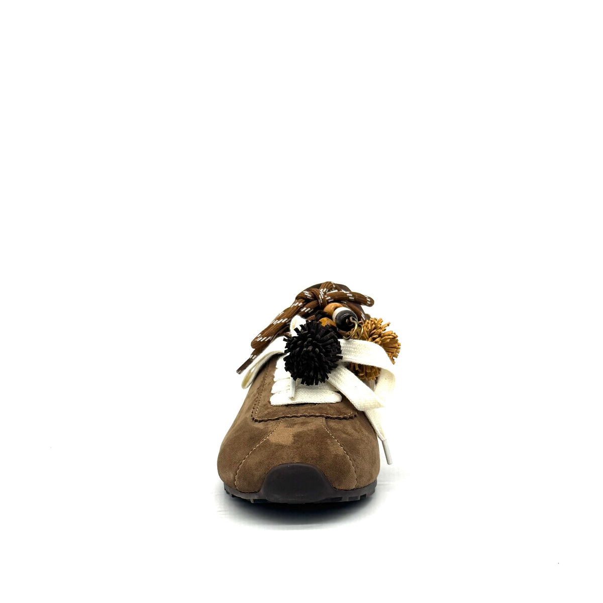 Camel: Renato Garini Roma-601 pom-pom lace fashion sneaker in camel suede with tassel and bead lace detail, side view