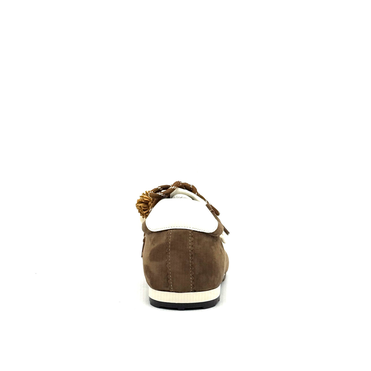 Camel: Renato Garini Roma-601 pom-pom lace fashion sneaker in camel suede with tassel and bead lace detail, side view