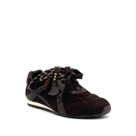 Dark Brown: Renato Garini Roma-611 retro runner sneaker in dark brown suede and leather with tassel lace charm and rope laces, side view