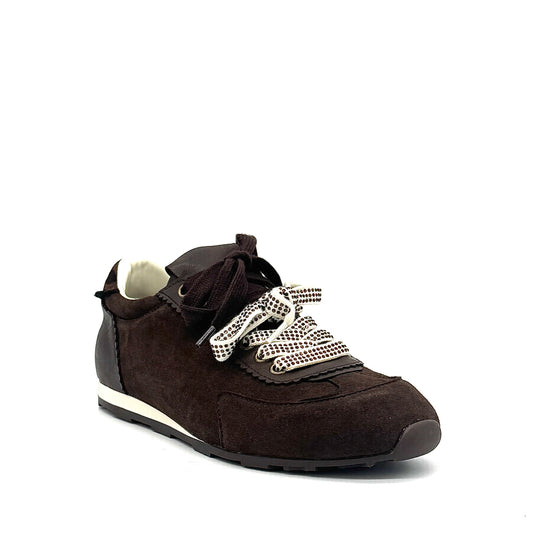 Dark Brown: Renato Garini Roma-639 retro runner sneaker in dark brown suede and leather with leopard print heel detail and embellished laces, side view