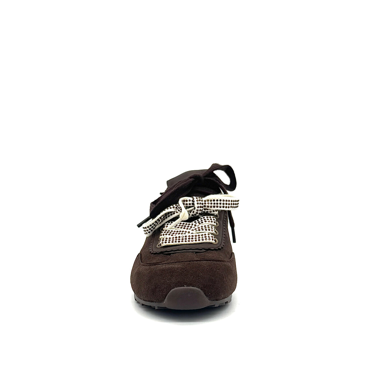 Dark Brown: Renato Garini Roma-639 retro runner sneaker in dark brown suede and leather with leopard print heel detail and embellished laces, side view