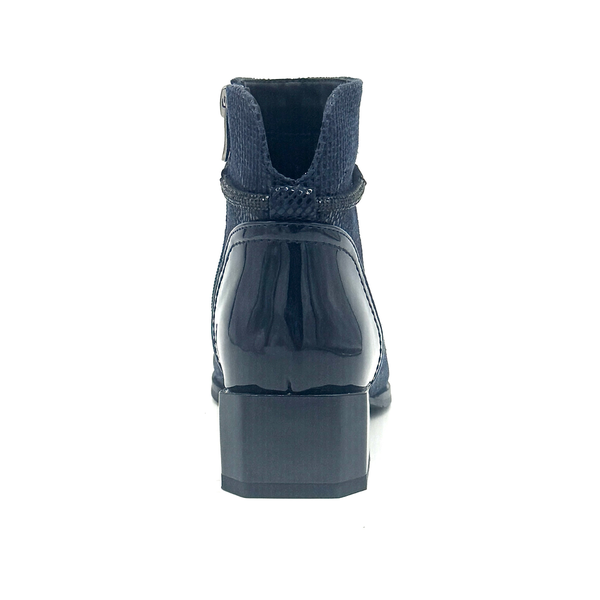 Spring Step Shelbi genuine leather ankle boot in navy with patent cap toe, studded ankle strap and block heel, rear view