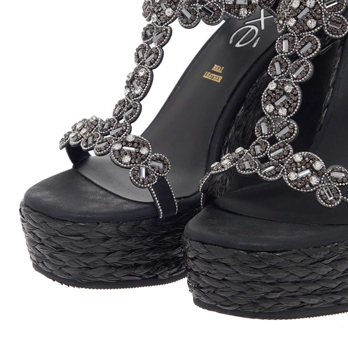 Black: EXE Nadia-445 rhinestone flower T-strap espadrille wedge sandal in black with braided rope wedge and ankle buckle strap