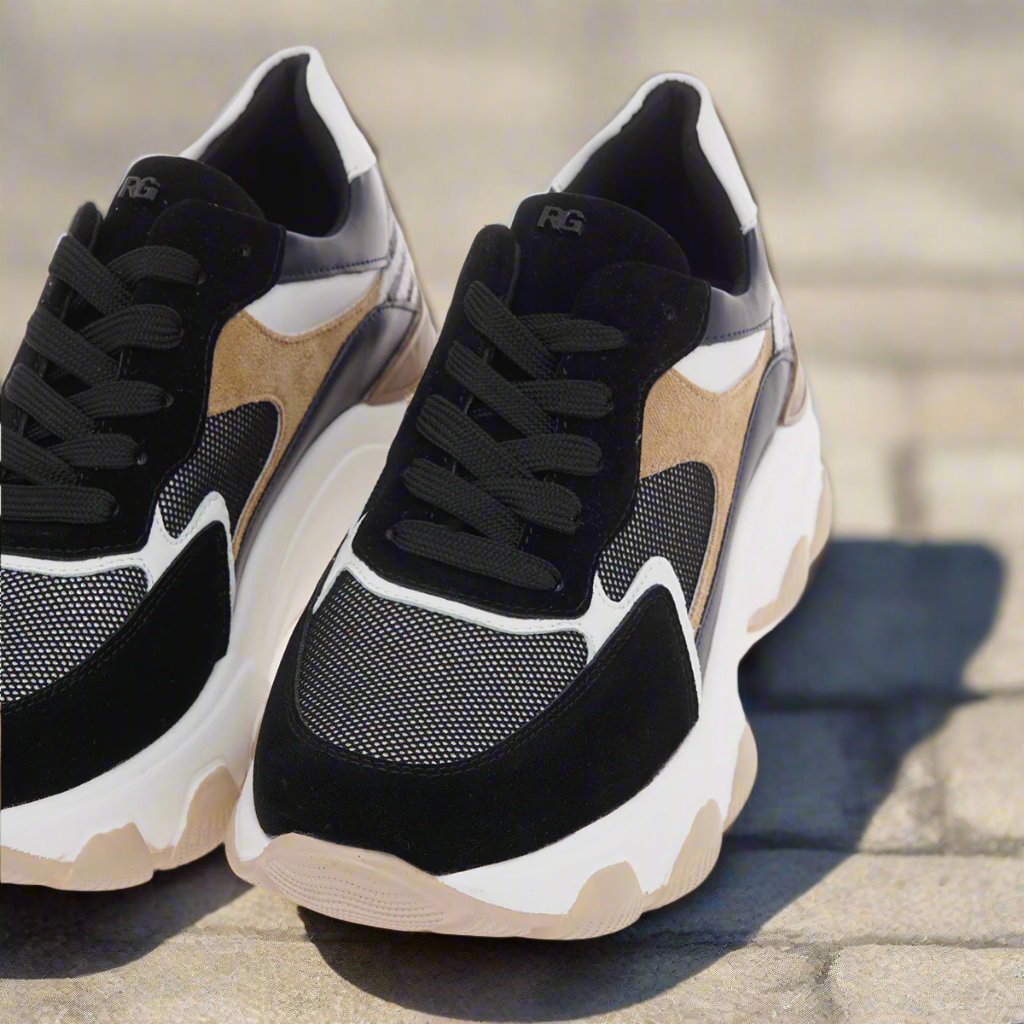 Renato Garini 22S EX31 black and blue platform sneakers styled together, showing lace-up fronts and sculpted white soles