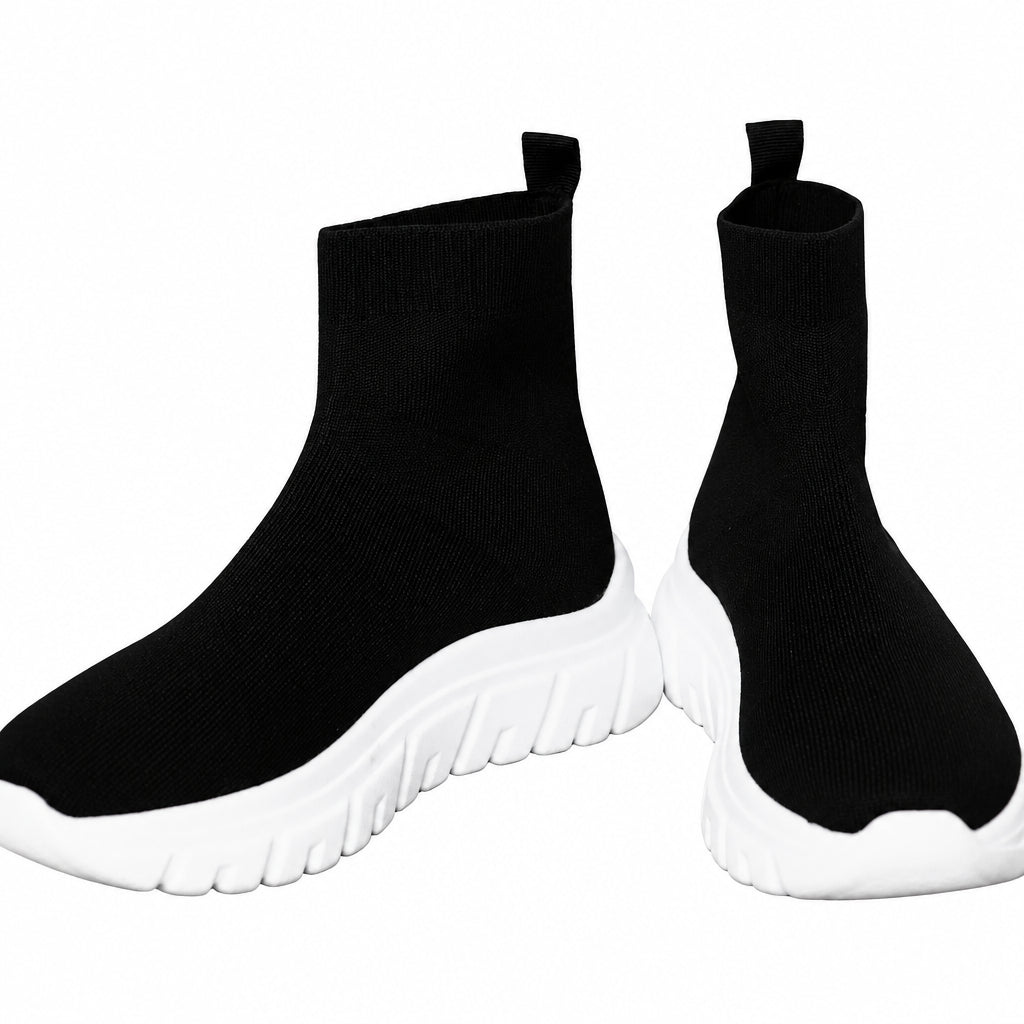 Renato Garini WEX48 black stretch-knit high-top sneakers showing rounded toes, ribbed ankle collars and sculpted white wedge soles, front and angled view