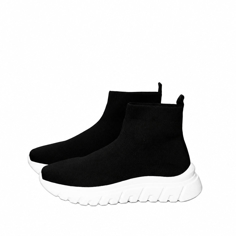 Renato Garini WEX48 black stretch-knit high-top sneakers with sock-style ankle collars, pull tabs and chunky white wedge soles, pair in side profile