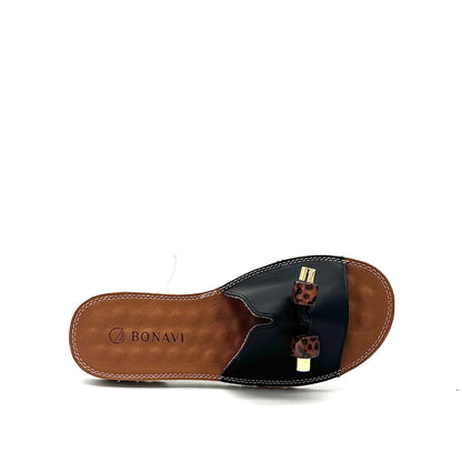 BONAVI Flora black leather slide sandals for women with flexible rubber sole