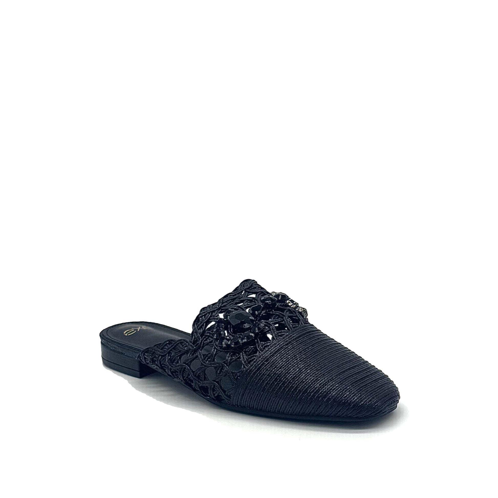 Women’s woven flat mule with stone detail and pointed toe in black