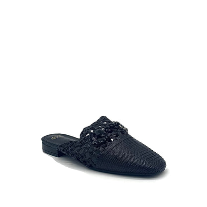 Women’s woven flat mule with stone detail and pointed toe in black