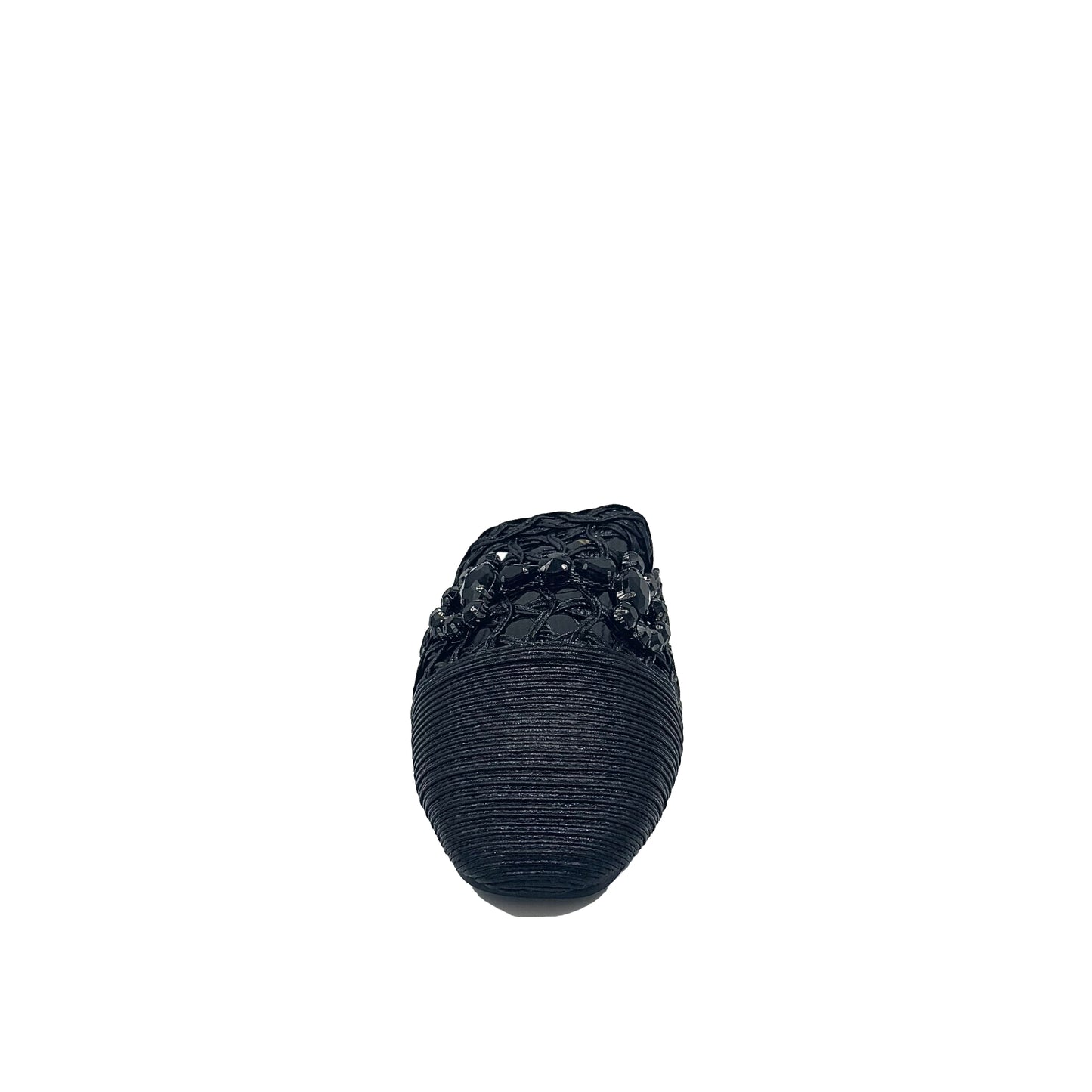 Women’s woven flat mule with stone detail and pointed toe in black