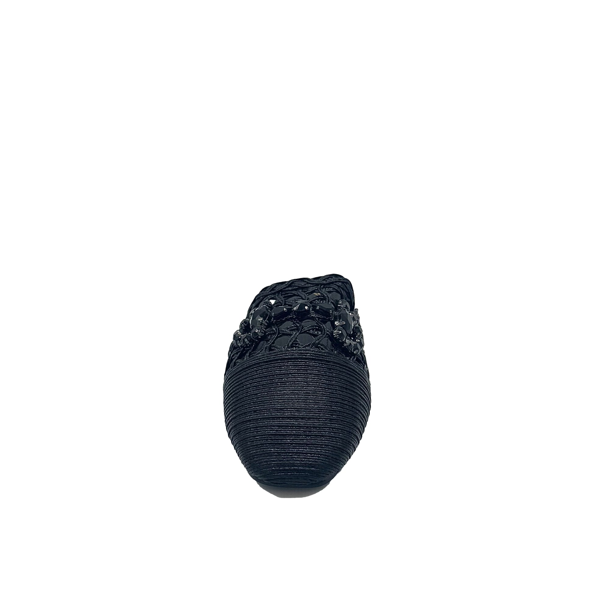 Women’s woven flat mule with stone detail and pointed toe in black