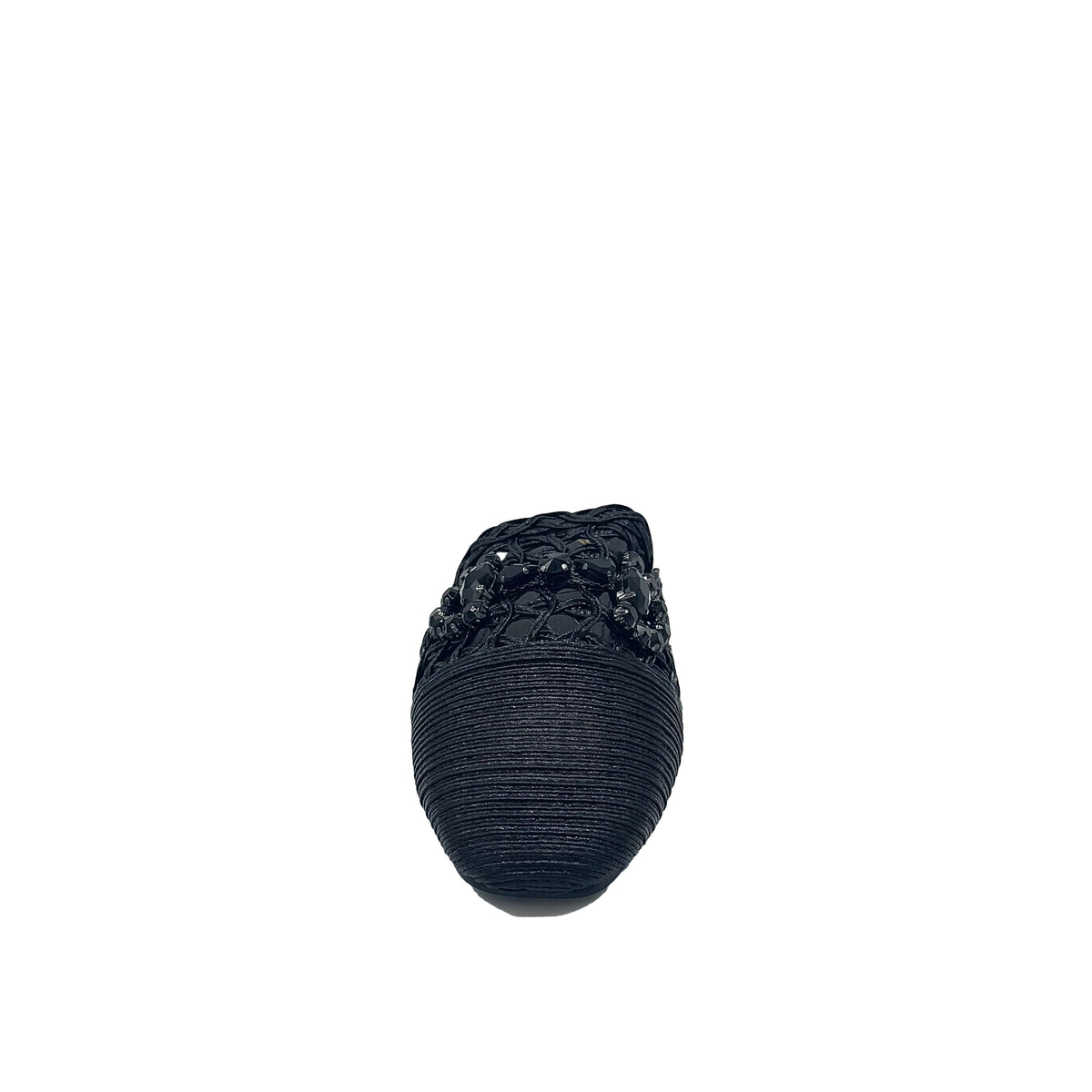Women’s woven flat mule with stone detail and pointed toe in black
