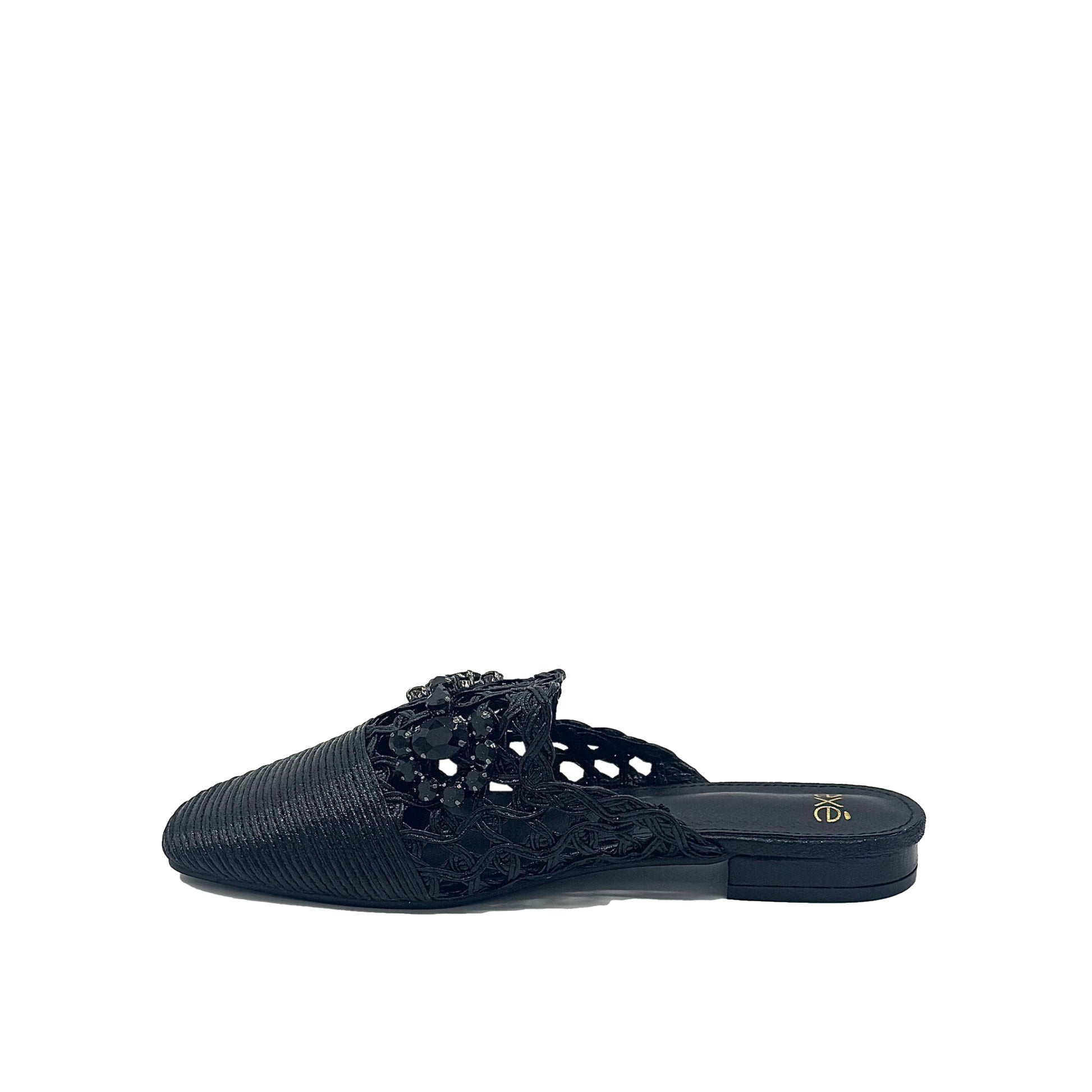 Women’s woven flat mule with stone detail and pointed toe in black