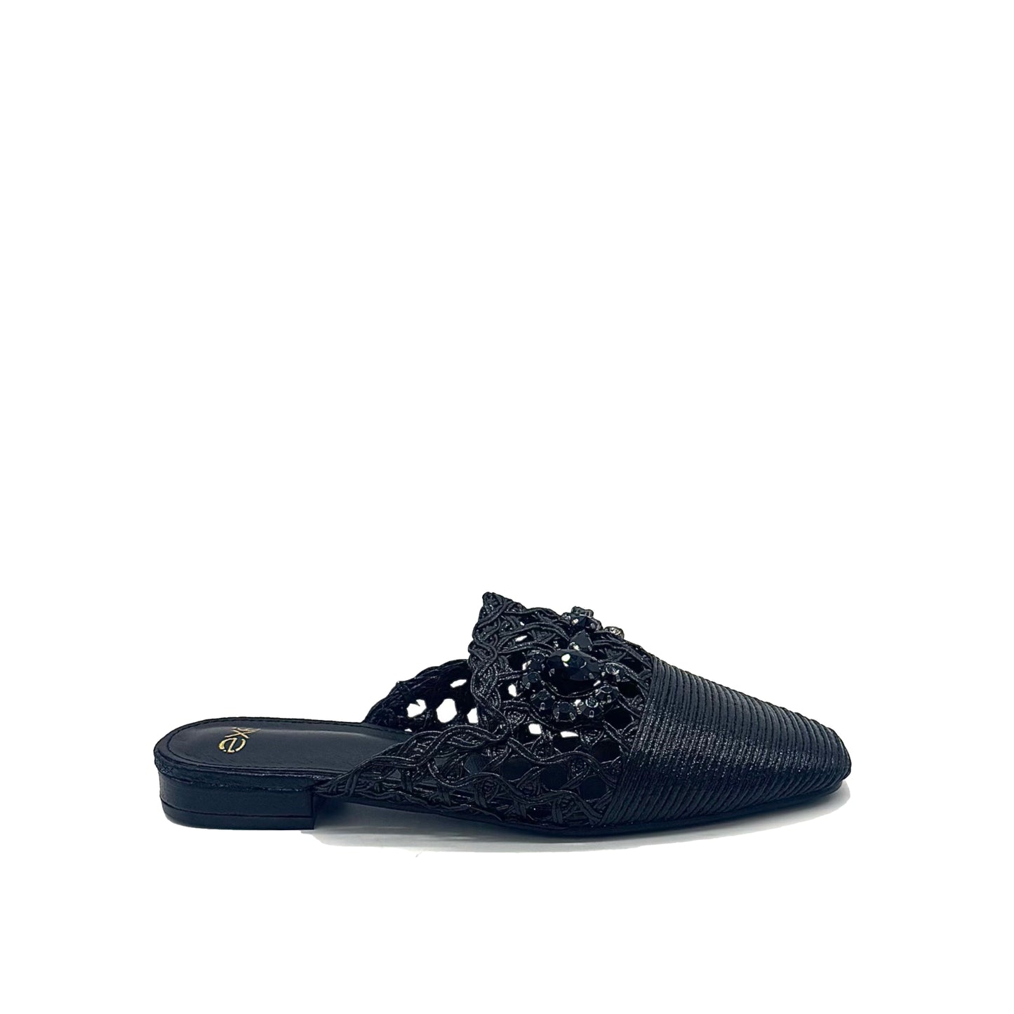 Women’s woven flat mule with stone detail and pointed toe in black