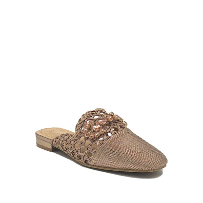 Women’s woven flat mule with stone detail and pointed toe in champagne