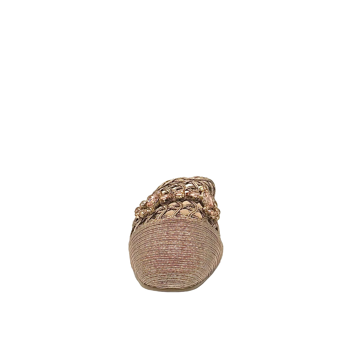 Women’s woven flat mule with stone detail and pointed toe in champagne