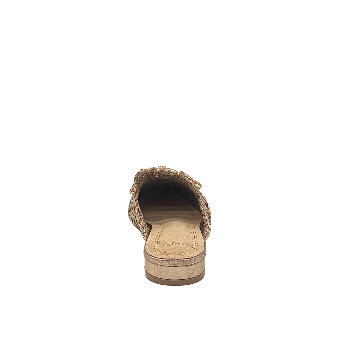 Women’s woven flat mule with stone detail and pointed toe in champagne