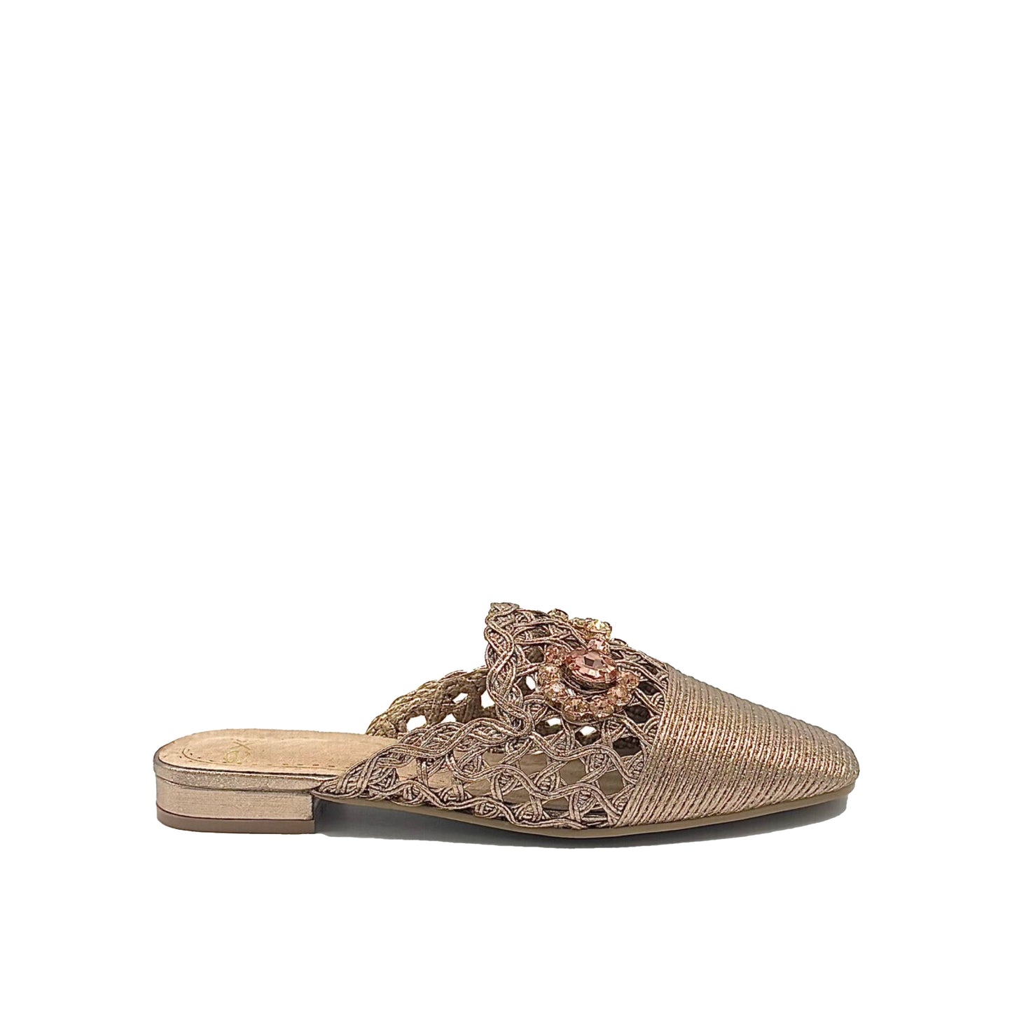 Women’s woven flat mule with stone detail and pointed toe in champagne