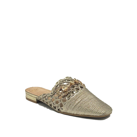 Women’s woven flat mule with stone detail and pointed toe in gold