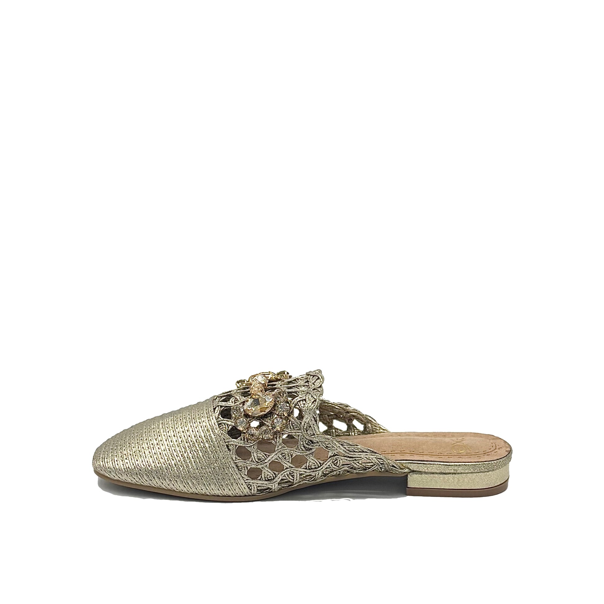 Women’s woven flat mule with stone detail and pointed toe in gold
