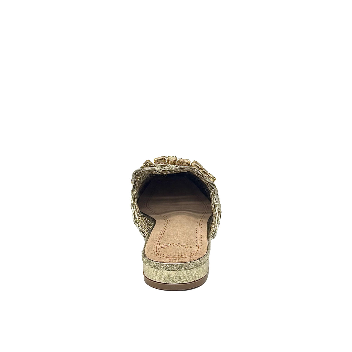 Women’s woven flat mule with stone detail and pointed toe in gold