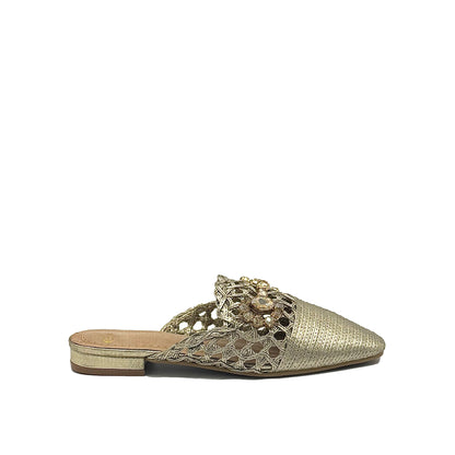 Women’s woven flat mule with stone detail and pointed toe in gold