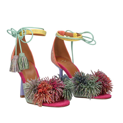 EXE Jennifer 725 multicolor rhinestone tassel heels for women with lace-up ankle strap and stiletto heel