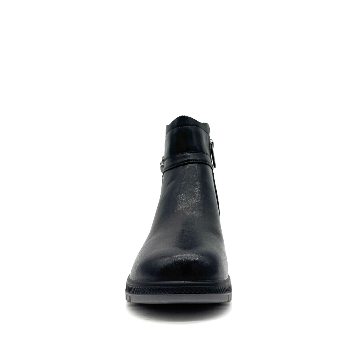 Bonavi 26-ZBU9-18 black leather wedge ankle boot, front view with rounded toe