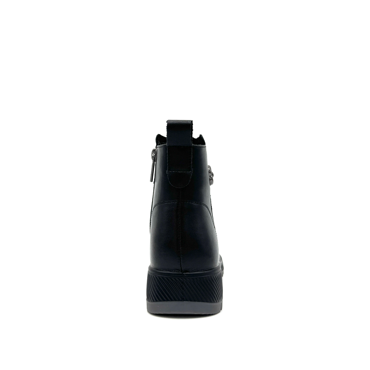 Bonavi 26-ZBU9-18 black leather wedge ankle boot, rear view with pull tab