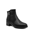BONAVI Adeline black leather ankle boot with buckle hardware and side zip, angled view