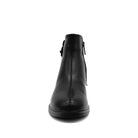 BONAVI Adeline black leather ankle boot with buckle hardware and side zip, front view