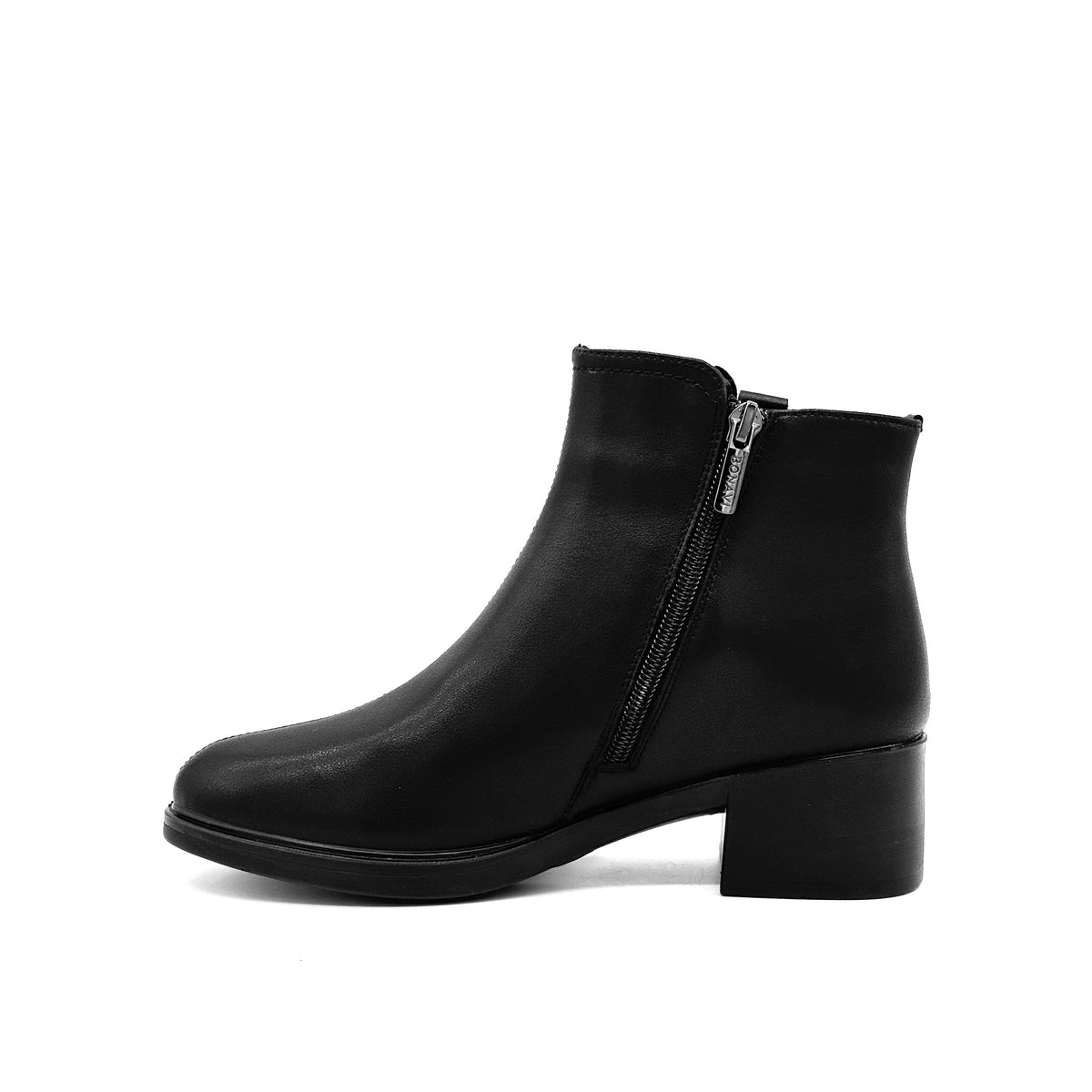 BONAVI Adeline black leather ankle boot with buckle hardware and side zip, inner side view